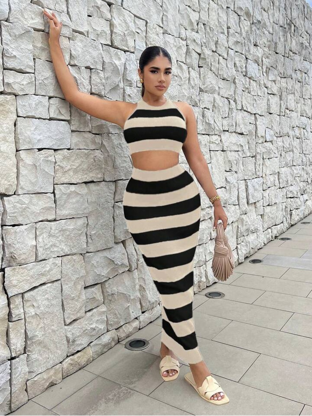 SHEIN SXY Striped Pattern Halter Knit Top & Knit Skirt